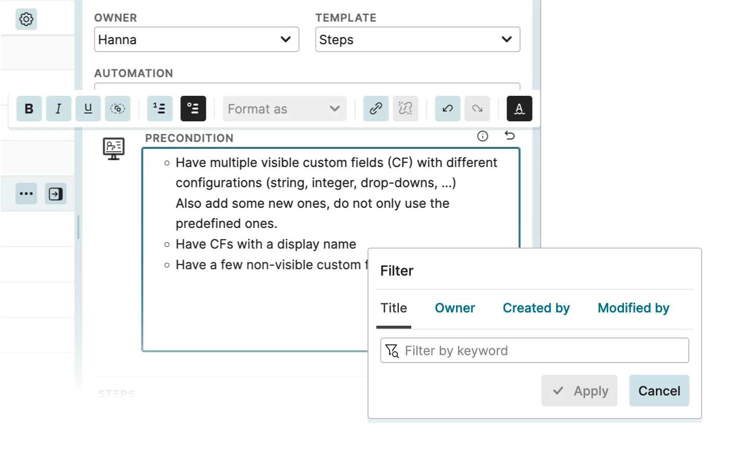 Workflow in Testiny – Rich Text Editor