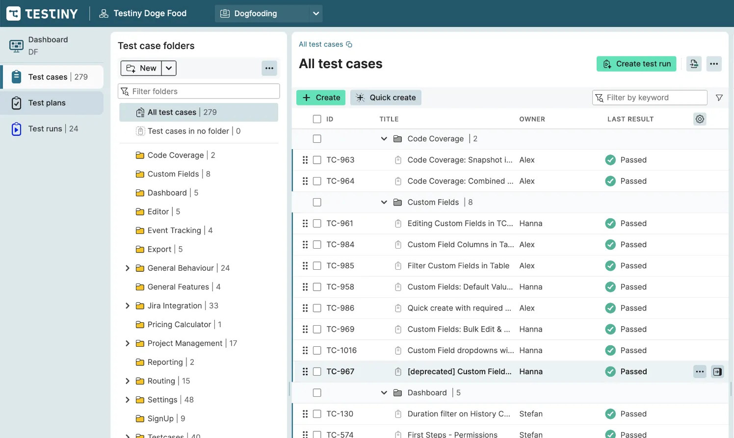 Testiny app, showing a list of test cases