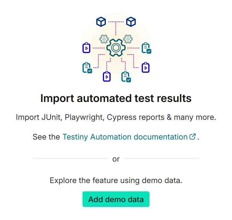 Automation page of a project without automated results, offering the Add demo data button