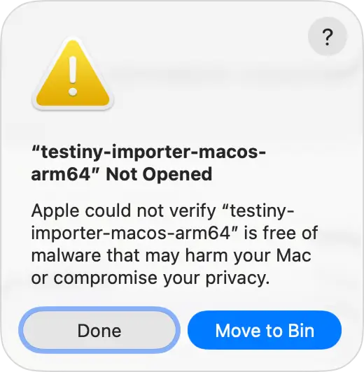 macOS warning of an unsigned application opened for the first time "macOS warning of an unsigned application opened for the first time"