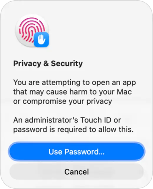 Confirmation dialog for changing critical settings on macOS "Confirmation dialog for changing critical settings on macOS"