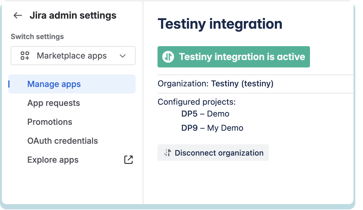 Jira add-on — Testiny integration is active