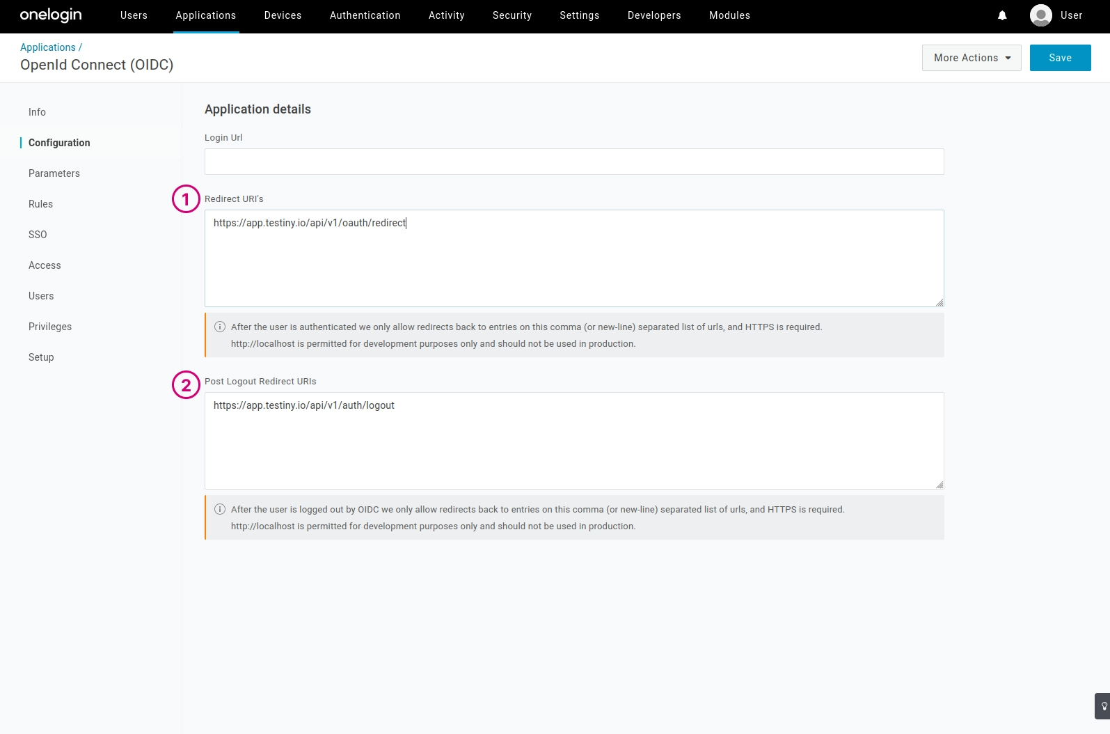 OneLogin configuration - step 3