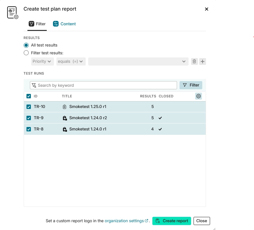 "Report settings for test plans"