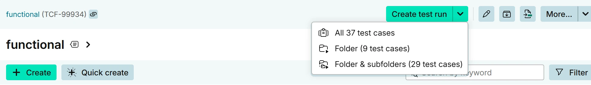 Create test run menu of a folder with the Folder and Folder & subfolders options