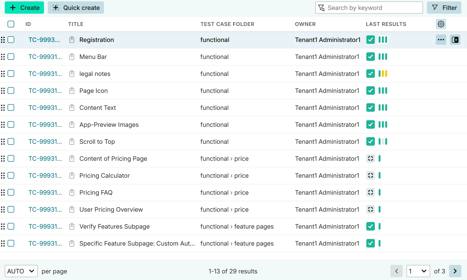 Test case table without folder groups, showing the Test case folder column