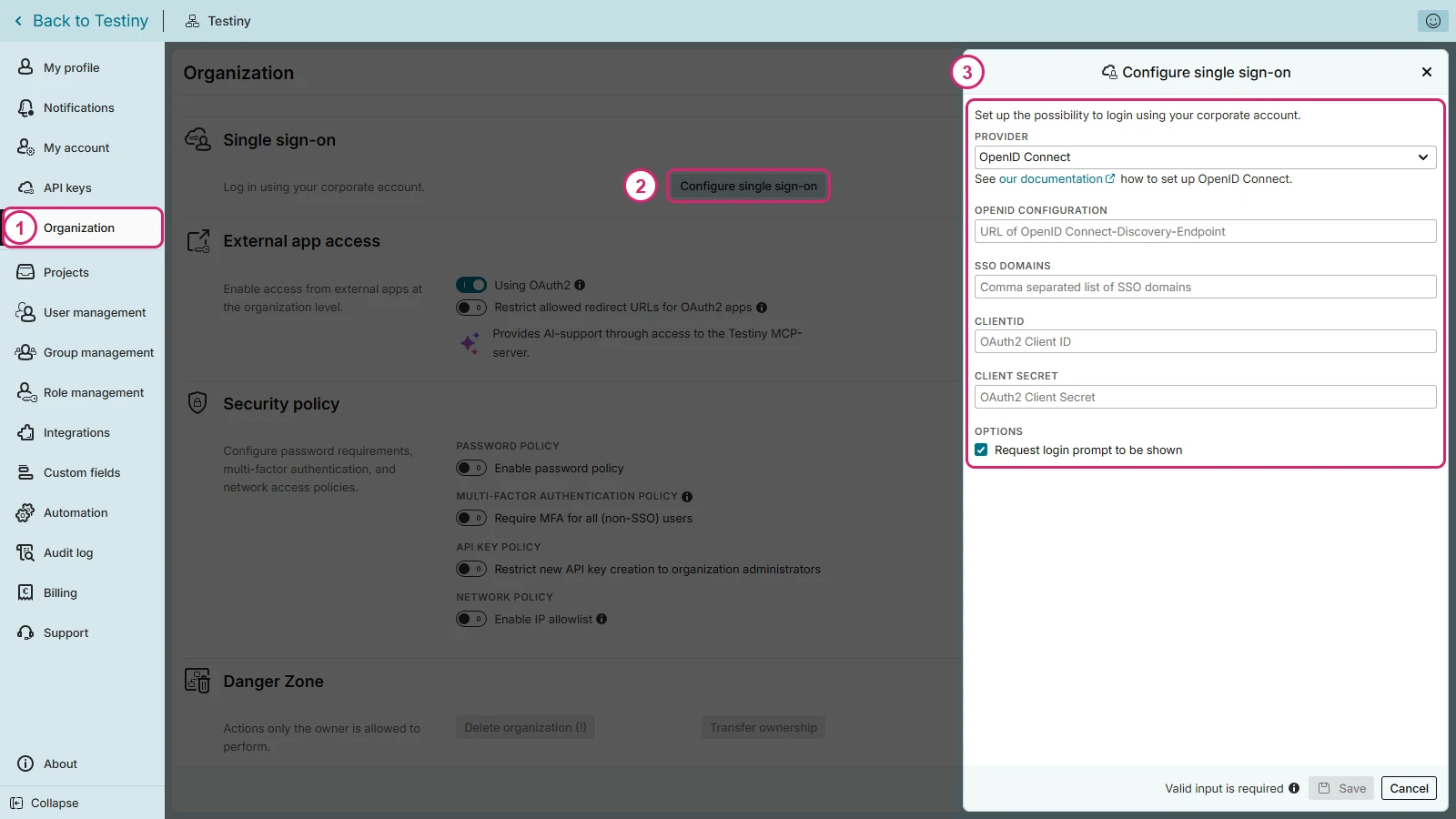 Testiny SSO Configuration Steps
